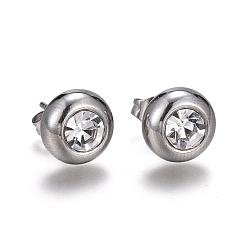 Нержавеющая Сталь Цвет 304 из нержавеющей стали серьги, с фианитом и ушными орехами, плоско-круглые, прозрачные, цвет нержавеющей стали, 9 мм, контактный: 0.7 мм, 6pairs / карты