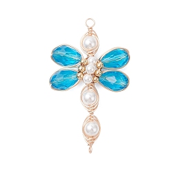 Темно-Голубой Подвески-соединители из стеклянных бусин в виде стрекозы, с экологически чистой медной проволокой, глубокое синее небо, 52~53x31~34x8 мм, отверстия : 1.2 mm и 2.5 мм