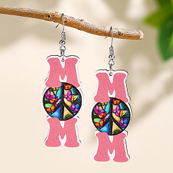 Ярко-Розовый Деревянные серьги-подвески ко Дню матери, Письмо с бантом, платина, ярко-розовый, 76x27 мм