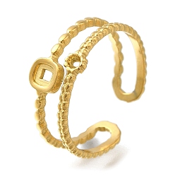 Настоящее золото 18K Ионное покрытие (IP) 304 Компоненты открытого манжетного кольца из нержавеющей стали, настройки кольца для горного хрусталя, квадратный, реальный 18 k позолоченный, внутренний диаметр: регулируемый, 8 мм, подходит для 2мм страз и подноса: 3x3мм