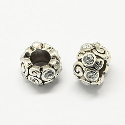 Crystal Alloy Rhinestone European Beads, Rondelle Large Hole Beads, Antique Silver, Crystal, 11x8mm, Hole: 6mm