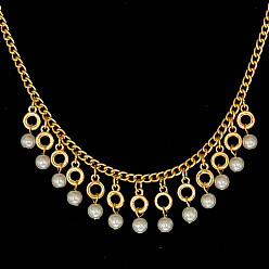 Golden Imitation Pearl Round Ball Tassel Bib Necklaces, Iron Jewelry for Women, White, Golden, 15.75 inch(40cm)
