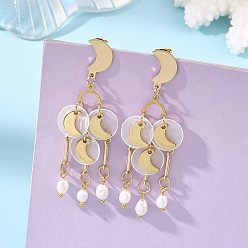 Moon 304 Stainless Steel Chandelier Earrings, Natural Cultured Freshwater Pearl Beads with Capiz Shell Dangle Earrings, Golden, Moon, 65.5x21mm