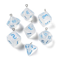 Deep Sky Blue 7Pcs 7 Styles Transparent Resin Polyhedral Dice Pendants Set, Multi-Sided Dice Charms with Platinum Plated Iron Loops, Mixed Shapes, Deep Sky Blue, 20~28x19~24x17~24mm, Hole: 2mm, 1pc/style