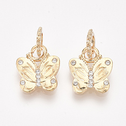 Golden Alloy Pendants, with Rhinestone, Butterfly, Crystal, Golden, 14.5x12.5x1.5mm, Hole: 5mm
