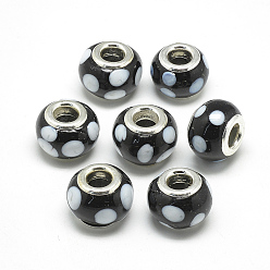 Black Handmade Lampwork European Beads, with Platinum Brass Double Cores, Large Hole Beads, Rondelle with Spot, Black, 14x10mm, Hole: 5mm