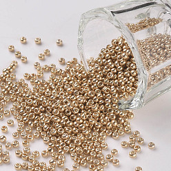 Gold 11/0 Grade A Round Glass Seed Beads, Dyed, Gold, 2.3x1.5mm, Hole: 1mm, about 48500pcs/pound