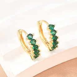 Green Brass Micro Pave Cubic Zirconia Hoop Earrings, Cadmium Free & Lead Free, Long-Lasting Plated, Rack Plating, Real 18K Gold Plated, Green, 14.5x4mm