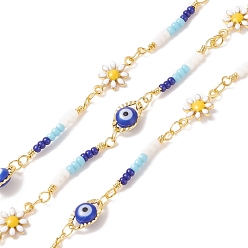 Blue Brass Enamel Flower & Horse Eye Link Chains, with CCB & Glass Beaded, Soldered, with Spools, Cadmium Free & Lead Free, Real 18K Gold Plated, Blue, 10x6x3.5mm, 13x7x2.5mm, 22x3x2mm