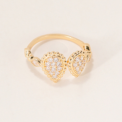 Golden Brass Micro Pave Cubic Zirconia Cuff Open Rings for Women, Teardrop, Golden, 10mm, US Size 8(18.1mm)