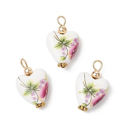 Античное Золото Подвески из фарфора ручной работы с принтом, сердце, с латунным и тибетским сплавом, античное золото , 23x14.5x6.5 мм, отверстие : 2.5 мм