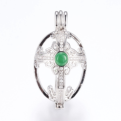 Platinum Brass Micro Pave Cubic Zirconia Locket Pendants, Cage Pendants, with Dyed Jade, Oval, Platinum, 38.5~39x21x24~25mm, Hole: 3x5mm, Inner Measure: 17.5x25mm