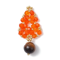 Оранжево-Красный Подвески из натурального тигрового глаза и стеклянных бусин, елочные прелести, оранжево-красный, 40x19.5x4.5 мм, отверстие : 2 мм