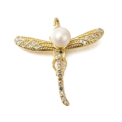 Настоящее золото 18K Стойка металлическая латунная микропрофилированная кубическая циркония подвески, с abs имитационными жемчужными бусинами , долговечный, без свинца и без кадмия, стрекоза прелести, с целью перехода в кольце, реальный 18 k позолоченный, 25x27x8 мм, отверстие : 3 мм