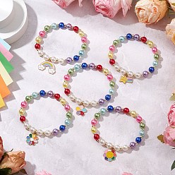 Разноцветный Акриловые жемчужные круглые бусины эластичные браслеты, сплав эмалевые браслеты с подвесками для женщин и девочек, радуга/звезда/цветок, красочный, внутренний диаметр: 2 дюйм (5 см)