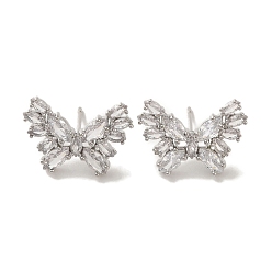 Platinum Rack Plating Brass Micro Pave Cubic Zirconia Studs Earrings, Long-Lasting Plated, Lead Free & Cadmium Free, Butterfly, Platinum, 14x19mm
