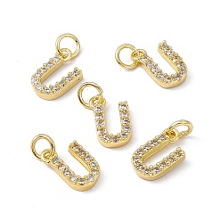 Letter U Real 18K Gold Plated Brass Micro Pave Clear Cubic Zirconia Charms, with Jump Ring, Letter.U, 12x7x2.5mm, Hole: 3.4mm