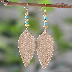 Лист Серьги с подвесками из искусственной кожи в богемном стиле, нержавеющей стали, украшения для женщин, платина, лист, 88x25 мм