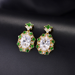 Clear Brass Micro Pave Cubic Zirconia Oval Stud Dangle Earrings for Women, Golden, Clear, 31x16.4mm