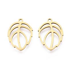 Настоящее золото 18K Полые 201 из нержавеющей стали кулоны, лист прелести, лазерная резка, реальный 18 k позолоченный, 18x13x1 мм, отверстие : 1.4 мм