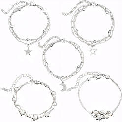 Mixed Shapes 5шт. 5 стили многорядных браслетов из сплава для женщин, платина, разнообразные, 6-3/4~7-1/8 дюйм (17~18 см), 1 шт / стиль