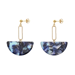 Midnight Blue Cellulose Acetate(Resin) Semi Circle Dangle Stud Earrings, with Brass Linking Rings, 304 Stainless Steel Stud Earring Findings and Ear Nuts, Golden, Midnight Blue, 48mm, Pin: 0.7mm