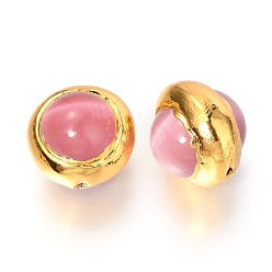 Pink Cat Eye Beads, with Golden Tone Brass Edge, Round, Pink, 18~20.5x18~20.5x17~20.5mm, Hole: 1.2mm