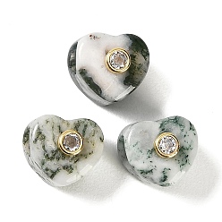 Ágata de Árbol Cuentas europeas de ágata de árbol natural, corazón cuentas grandes hoyos, con detalles de latón dorado micro pavé de circonita cúbica transparente, 12.5~13x13~14x12~13 mm, agujero: 5.5 mm