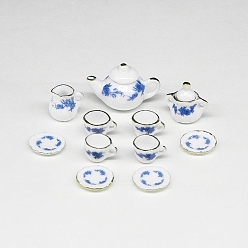 Синий Фарфоровый миниатюрный чайник, чашка, набор украшений, аксессуары для кукольного домика в микроландшафтном саду, притворяясь опорными украшениями, синие, 20 мм, 11 шт / комплект