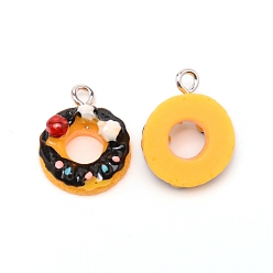 Black Resin Pendants, with Platinum Iron Loop, Imitation Food, Donut, Black, 19x14.5x9.5mm, Hole: 2mm