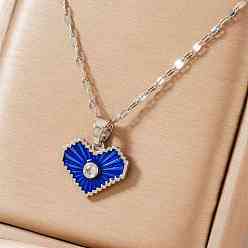 Платина Романтические латунные ожерелья с подвеской в виде сердца из прозрачного кубического циркония, с голубой эмалью, платина, 15.75 дюйм (40 см)