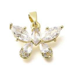 Настоящее золото 18K Покрытие стойки латунь микропаве прозрачные подвески из кубического циркония, бабочки прелести, долговечный, без свинца и без кадмия, реальный 18 k позолоченный, 13x18x3.5 мм, отверстие : 5x3 мм