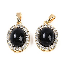 Настоящее золото 18K Овальные подвески из черного стекла, латунные прозрачные кубические циркониевые подвески, реальный 18 k позолоченный, 16x11.5x7.5 мм, отверстие : 4x2 мм
