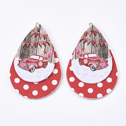 Красный Рождественские темы из искусственной кожи большие подвески, с платиновым железным прыжковым кольцом, слеза, с машиной, красные, 56.5x37x3 мм, отверстие : 5 мм