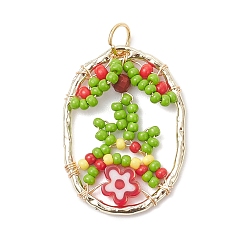 Красный Овальные стеклянные бусины с цветочными подвесками, с фурнитурой из сплава и 304 открытыми соединительными кольцами из нержавеющей стали, красные, 30x21.5x3.5 мм, отверстие : 4.5 мм