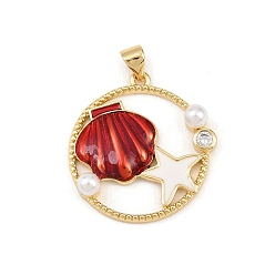 Красный Кулоны с фианитами из латуни, с пластмассовой жемчужиной abs, кольцо с подвесками в форме ракушек, реальный 18 k позолоченный, без свинца и без кадмия, долговечный, стойки покрытие, красные, 26.5x25x5.5 мм, отверстие : 5.5x3 мм