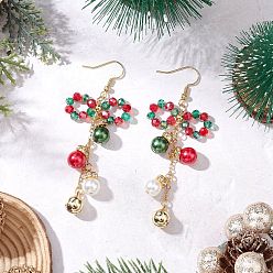 Золотой Серьги-подвески из стеклянных бусин на рождественскую тематику, бантом, с  латунными крючками для серег, золотые, 76.5x30 мм