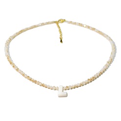 Letter L Natural White Shell Letter Faceted Glass Beaded Necklaces with 304 Stainless Steel End Chains, Real 18K Gold Plated, Floral White, Letter L, 14.96 inch(38cm)