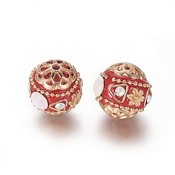 Red Handmade Indonesia Beads, with Rhinestone and Brass Findings, Round, Light Gold, Red, 16.5~18.3x16x16.5mm, Hole: 1.8mm
