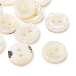 Seashell Color Natural Shell Flat Round Buttons with Carved Rim Recessed Center, 2-Hole, Seashell Color, 11.5x2mm, Hole: 1.5mm