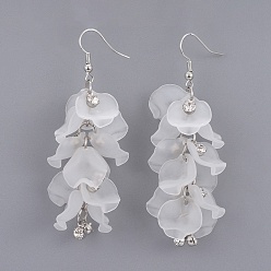 White Petal Transparent Acrylic Dangle Earrings, with Brass Rhinestone Charms and Earring Hooks, White, 70~71mm, Pin: 0.6mm