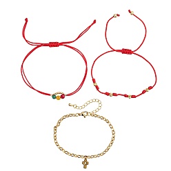 Красный 3 шт. регулируемые браслеты из полиэстера со стеклянными бусинами, браслеты из металлической цепочки с подвеской в виде креста, красные, внутренний диаметр: 11.02 дюйм (28 см)