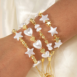 Белый Браслеты-слайдеры из латунной цепочки-змейки ручной работы, Браслеты из искусственного жемчуга и латунных бусин для женщин, сердце, золотые, белые, внутренний диаметр: 11 дюйм (28 см)