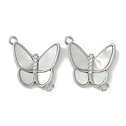 Платина Латунные прозрачные кубические цирконии паве натуральные ракушки бабочка соединительные подвески, без кадмия, без никеля и без свинца, платина, 21.5x17x3 мм, отверстие : 1.6 мм