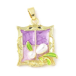 Rectangle Латунь эмаль подвески, с абс пластмассовой имитационной жемчужиной, долговечный, без кадмия и без свинца, стойки покрытие, реальный 18 k позолоченный, цветок, прямоугольные, 26.5x21x7 мм, отверстие : 6.4x3 мм