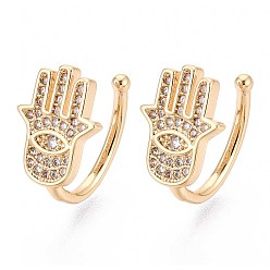 Настоящее золото 18K Латунные серьги-манжеты из прозрачного кубического циркония, хамса рука, реальный 18 k позолоченный, 14x11x10 мм