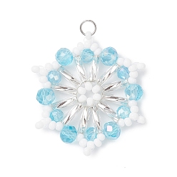 Небесно-голубой Подвески-снежинки из стеклянных бусин, с 304 открытым соединительным кольцом из нержавеющей стали и стеклом, граненые, голубой, 30x27x4 мм, отверстие : 3 мм