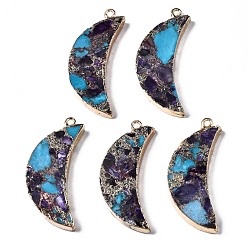 Mixed Stone Assembled Natural Bronzite & Synthetic Turquoise & Amethyst Pendants, with Light Gold Iron Loop and Brass Edge, Moon, 49~50x21~22x6mm, Hole: 2mm