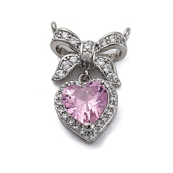 Платина Латунные микро проложить кубического циркония подвески, сердце с бантом, долговечный, без кадмия и без свинца, стойки покрытие, платина, 22x14x5.5 мм, отверстие : 1.2 мм