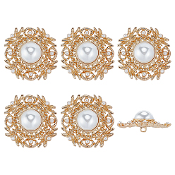 Золотой 6 шт. пуговицы из АБС-пластика с имитацией жемчуга на ножке, со сплавочной фурнитурой, 1-луночное, цветок, золотые, 36~37x15.5 мм, отверстие : 3 мм